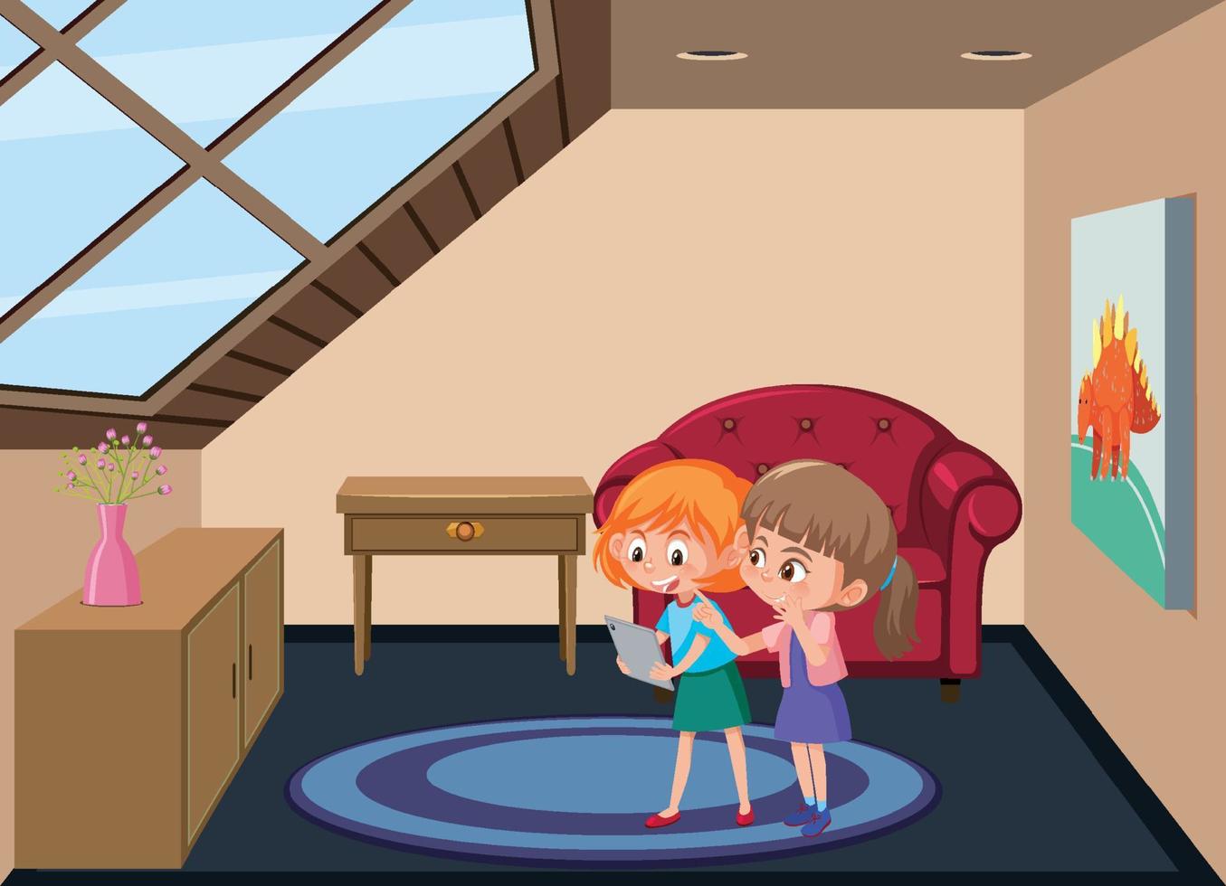 Garret room scene with two girls cartoon character vector