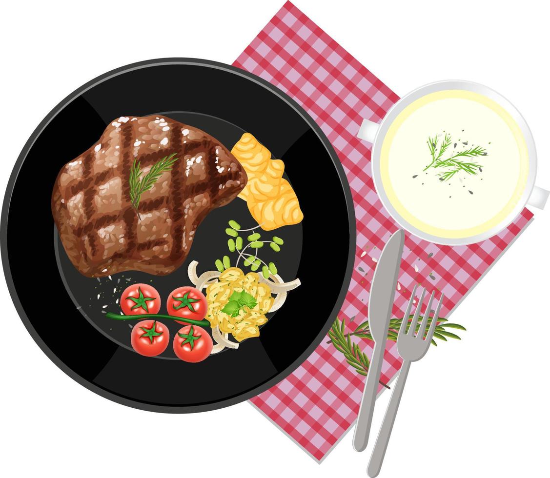 conjunto de alimentos de vista superior, bistec y mantel sobre fondo blanco vector