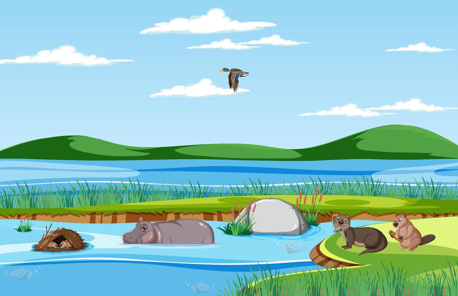 escena con muchos animales junto al lago vector