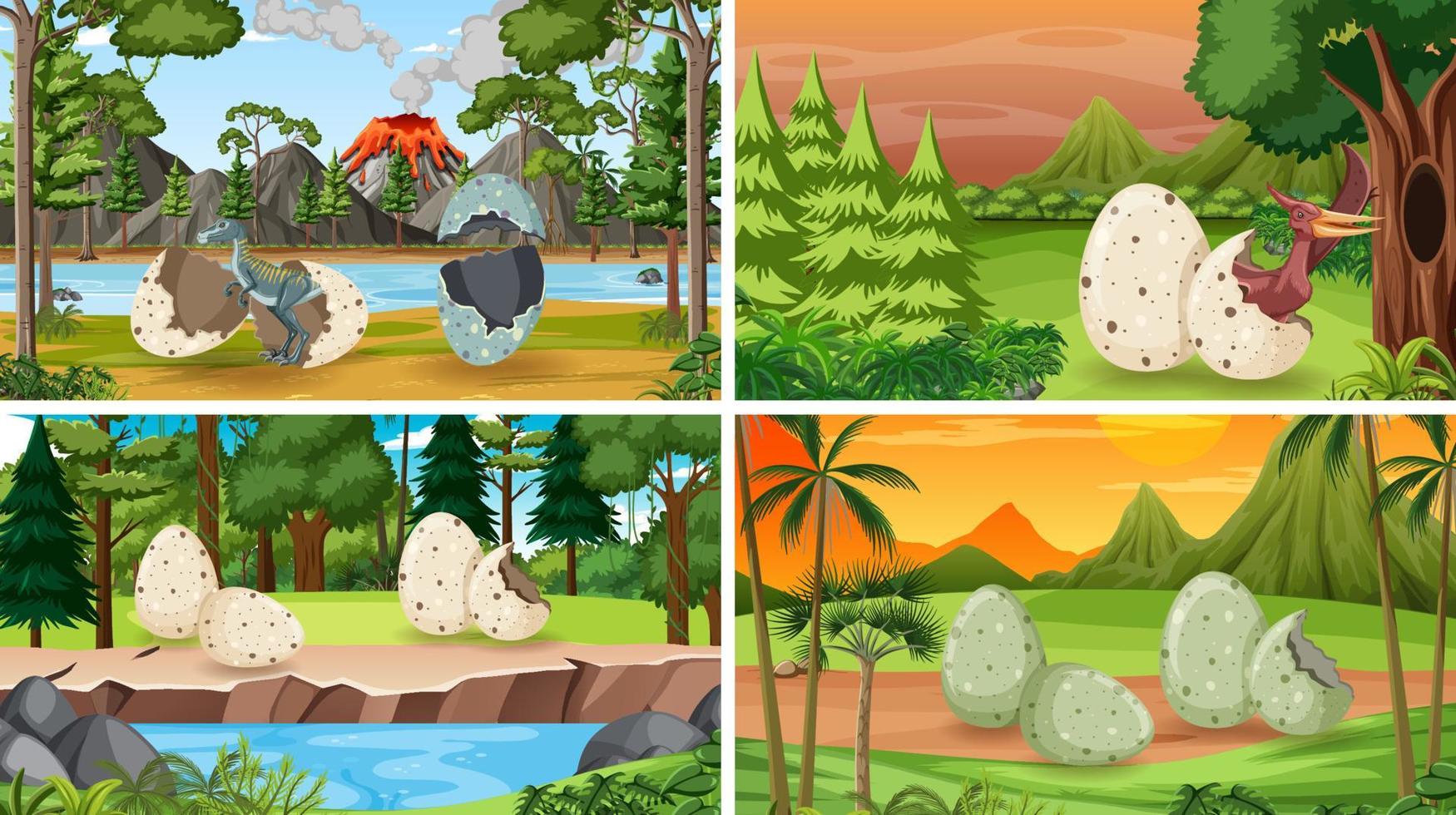 Four scenes with dinosaur eggs on the ground vector