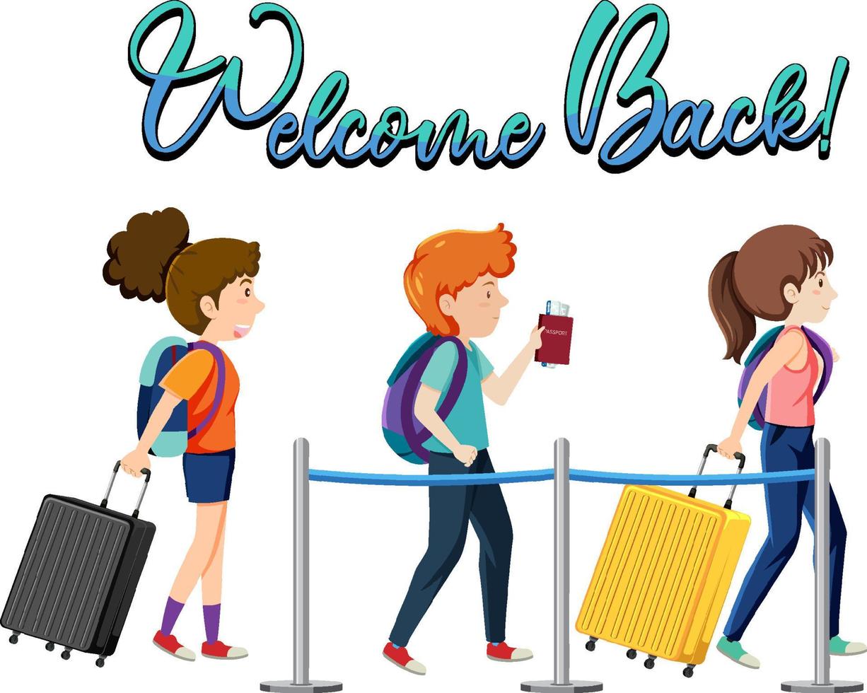 Welcome Back typography design with passengers waiting in a queue vector