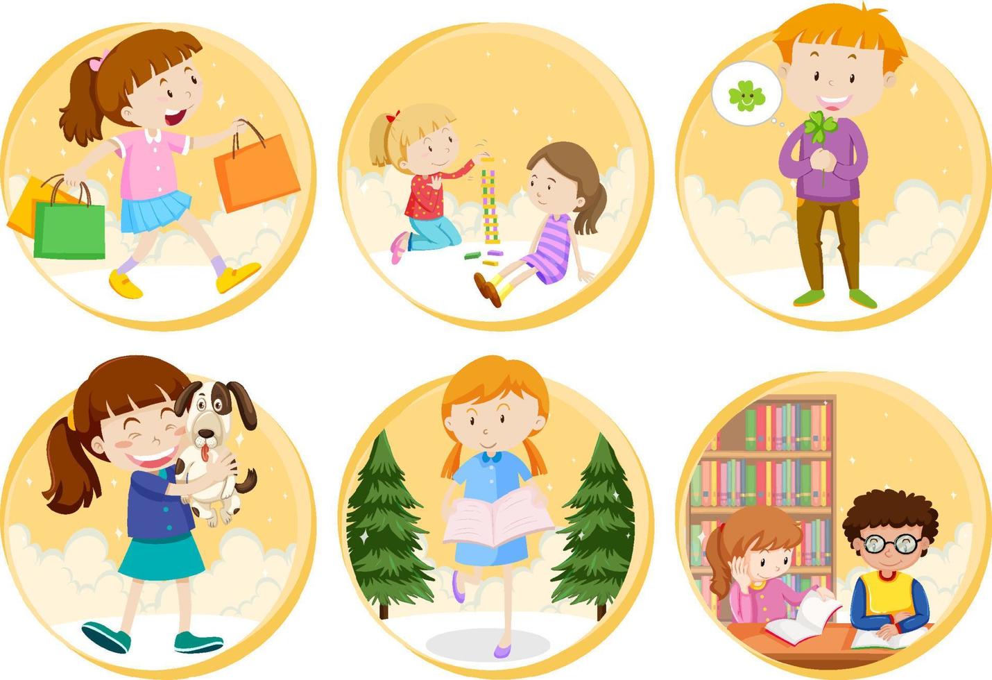 Set of Little boy and girl reading a book on white background vector