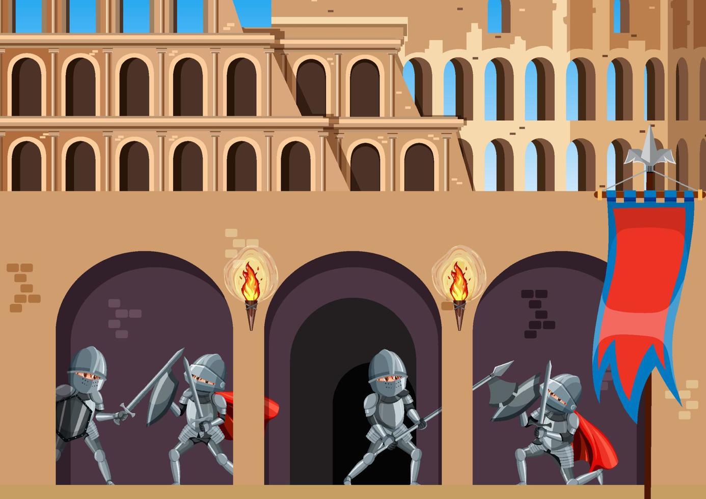 escena medieval con caballeros armados vector