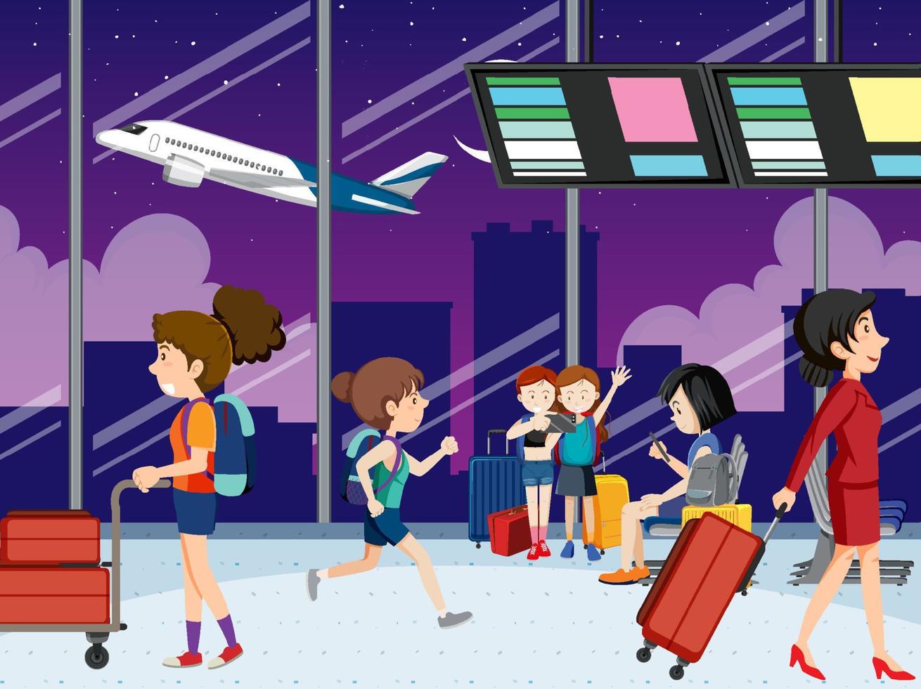 Airport terminal with tourists and aircrews vector