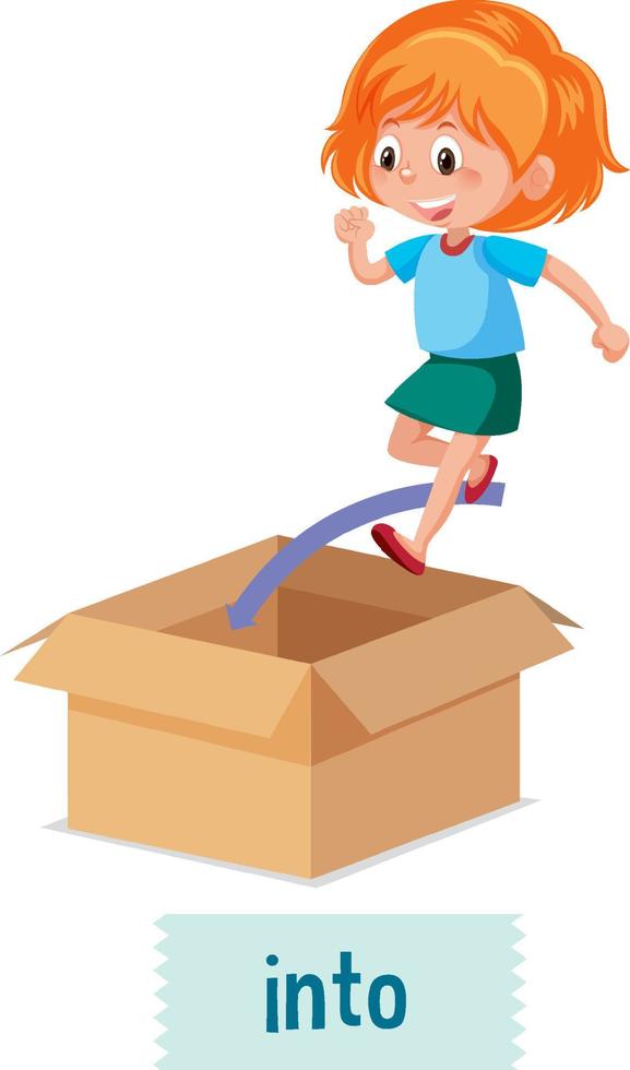Preposition of place with cartoon girl and a box vector