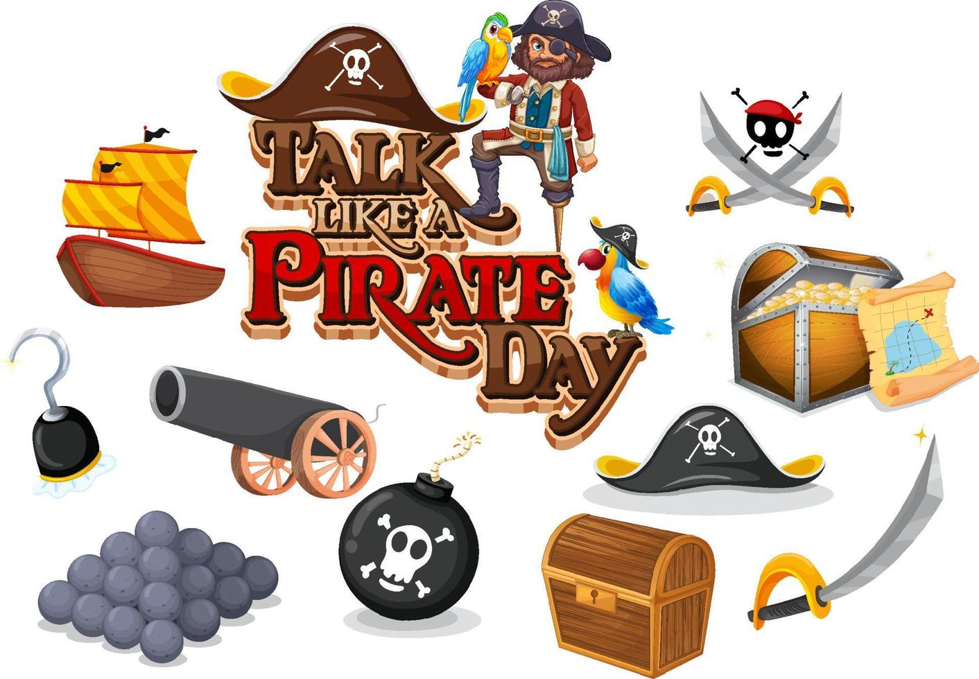 Set of pirate cartoon characters and objects vector