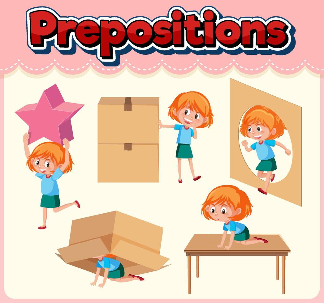Prepostion wordcard design with girl and boxes vector