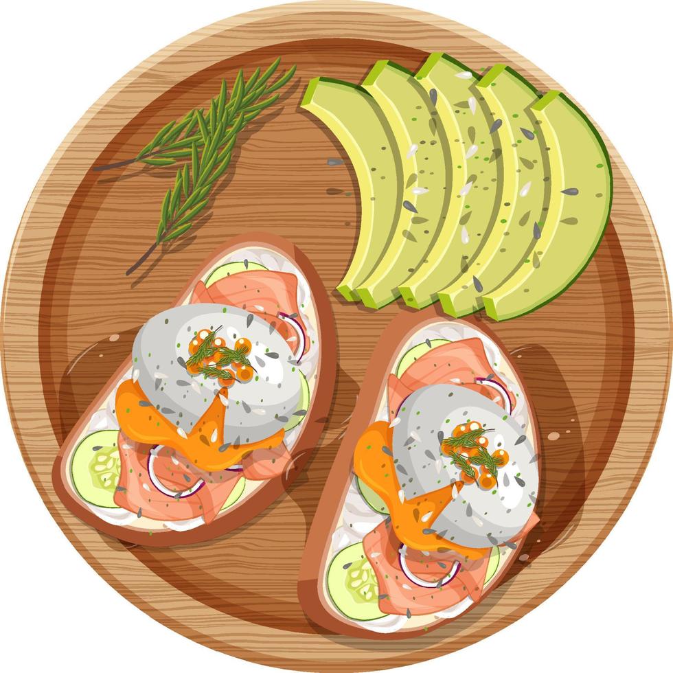 Top view food, egg benedict  on wood plate on white background vector