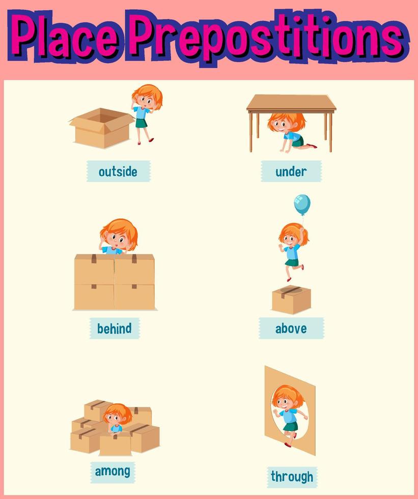 Prepostion wordcard design with girl and boxes vector