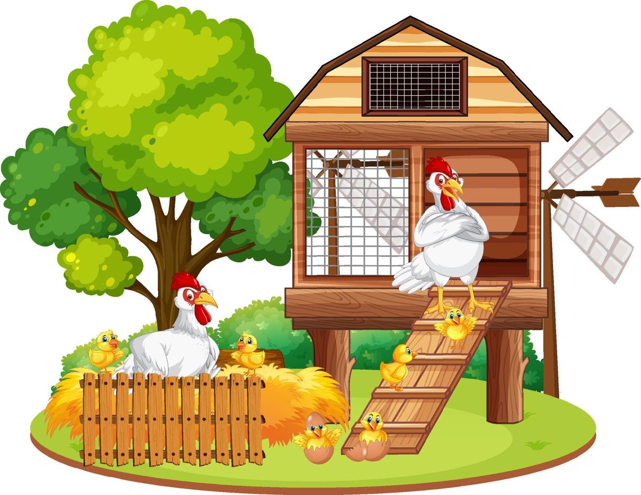 An isolated scene with a group of chickens in cartoon style vector