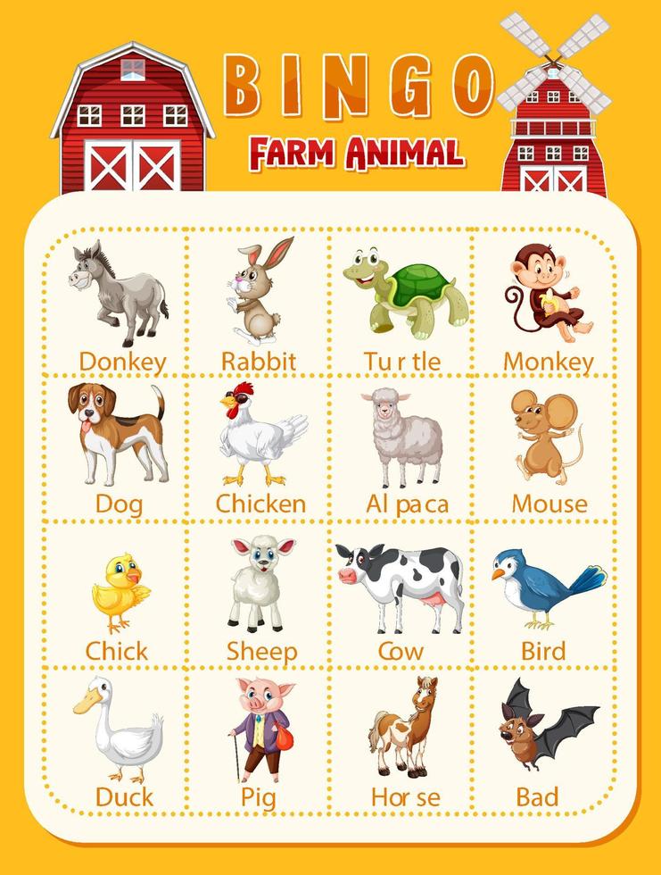 hoja de trabajo de animales de granja de bingo vector