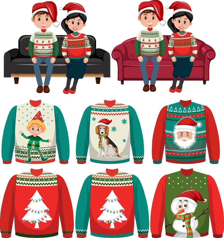 Christmas set with couple and sweater design vector