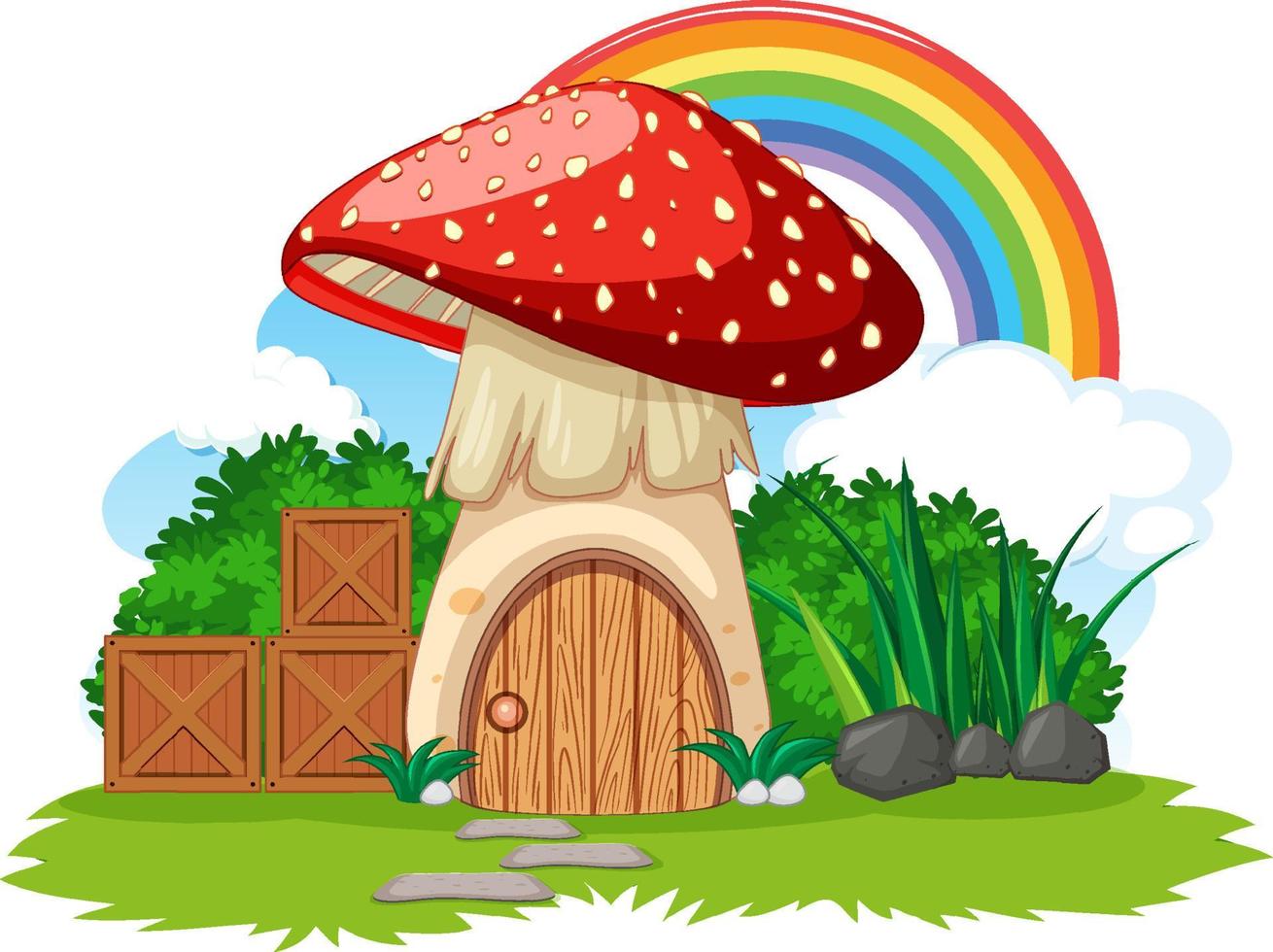 Fantasy mushroom house with rainbow in the sky vector