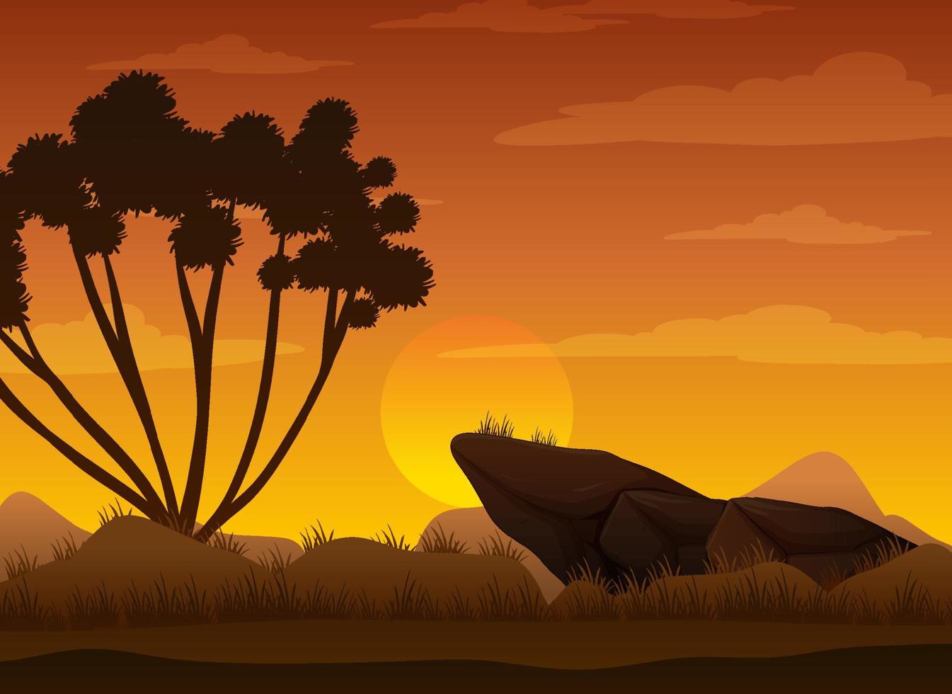 Silhouette savanna forest at sunset time vector