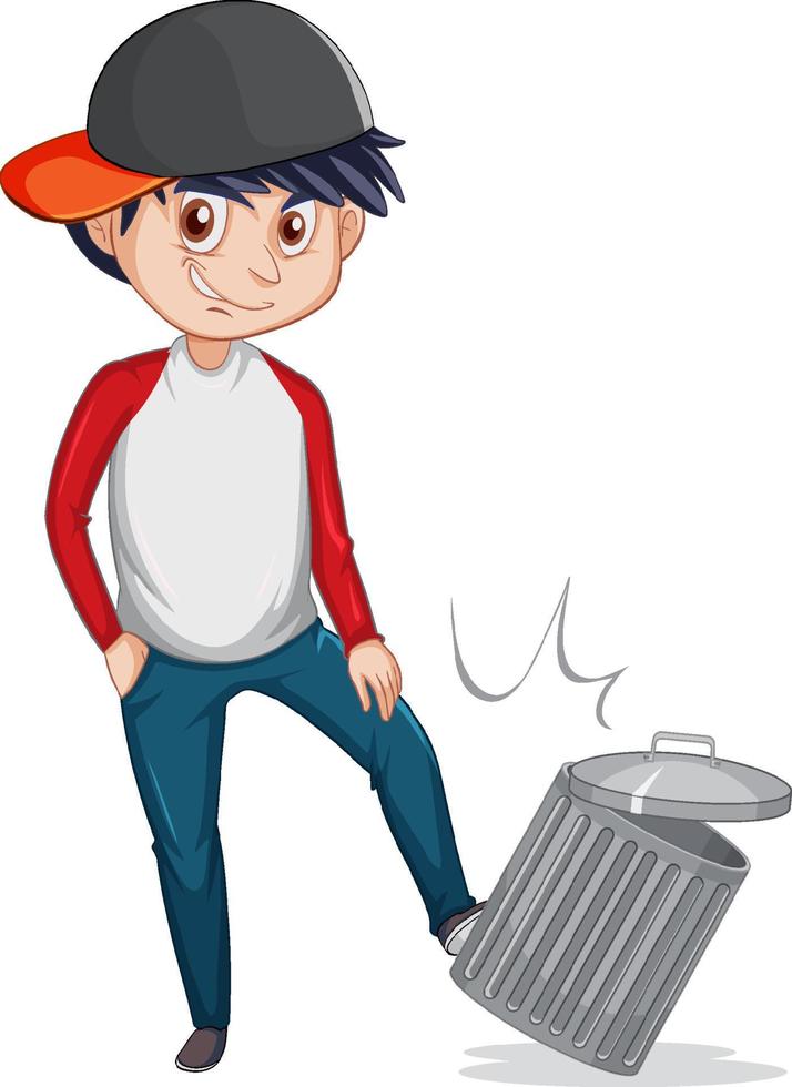 Teenager boy kick dustbin cartoon character on white background vector