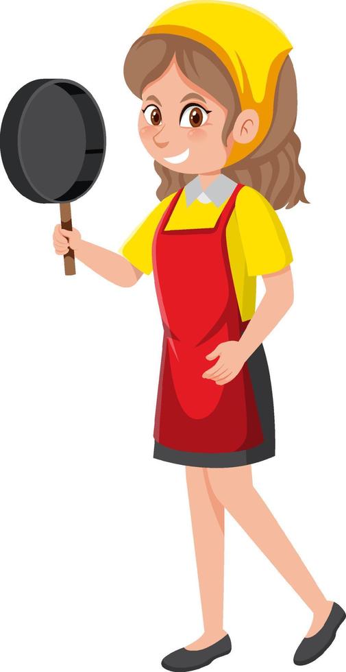 A woman holding a pan wearing apron cartoon character on white background vector