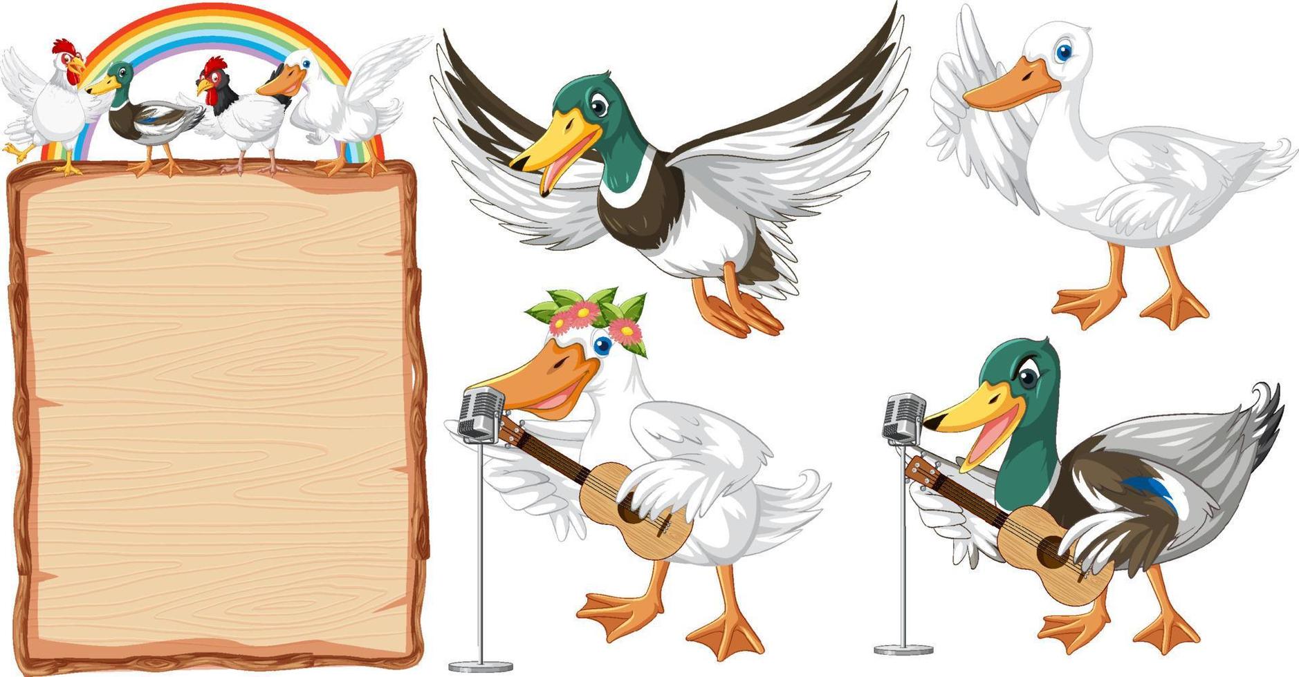 Set of different poses of ducks cartoon characters vector