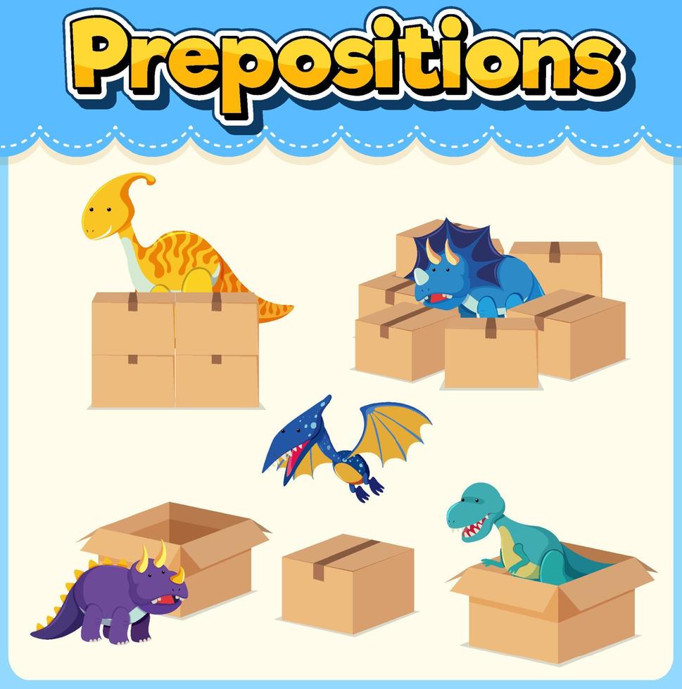 Prepostion wordcard design with dinosaur and box vector
