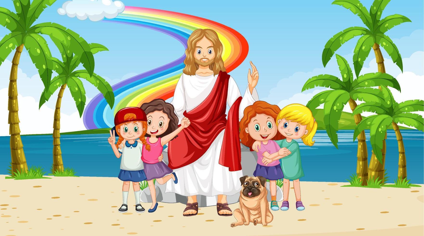 Jesus and children at the beach vector