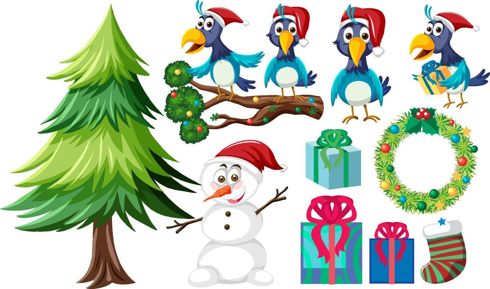 set de navidad con arbol y adornos vector