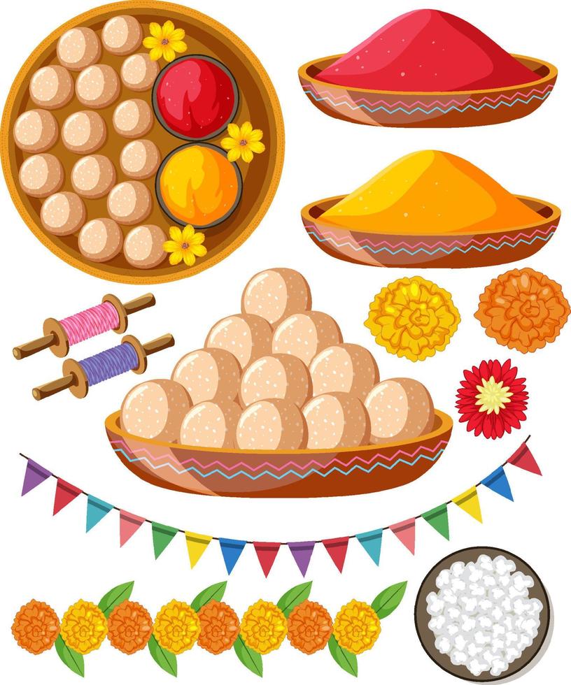Indian set with food and flowers vector