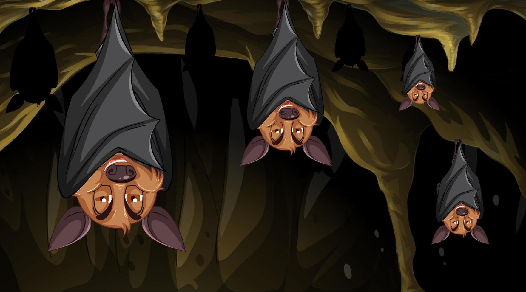 Cave scene with group of bats in cartoon style vector