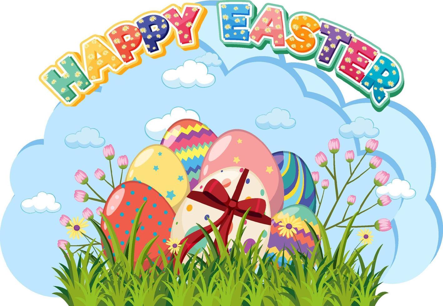 Happy Easter design with decorated eggs in garden vector