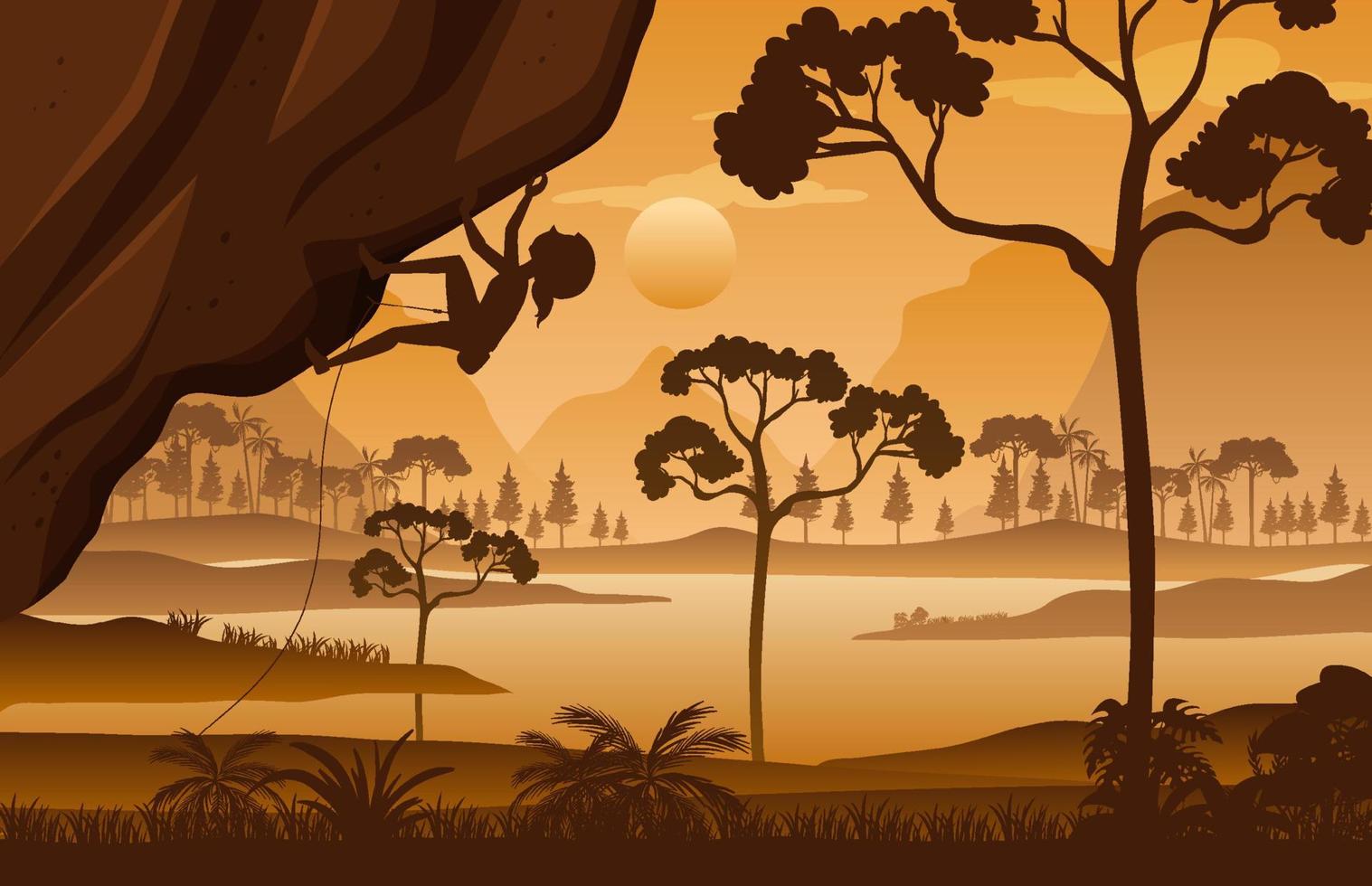 Flat silhouette rock climbing in nature background vector