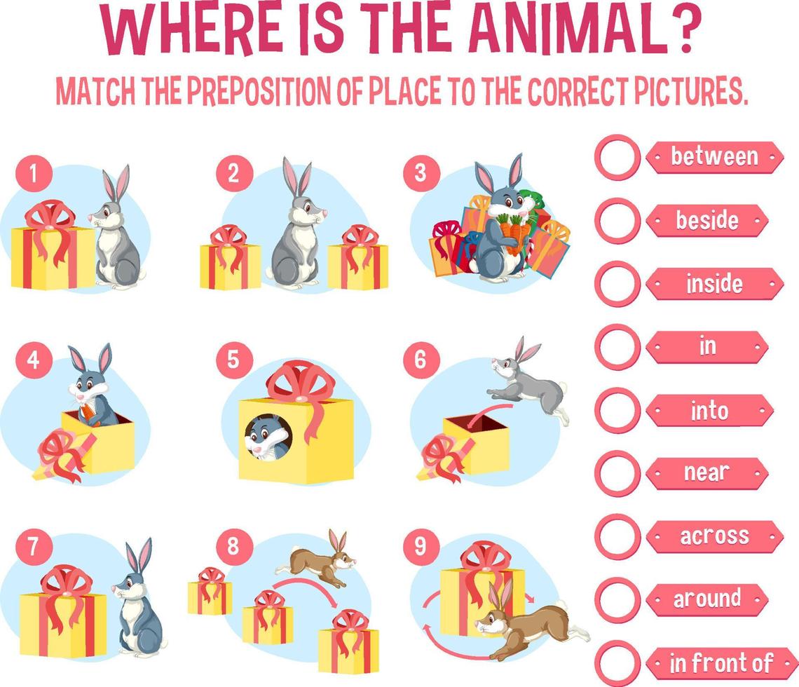 Prepostion wordcard design with bunny and boxes vector