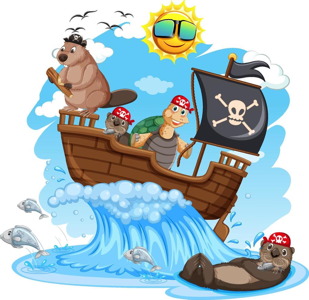 Beavers and turtle on pirate ship with ocean wave vector