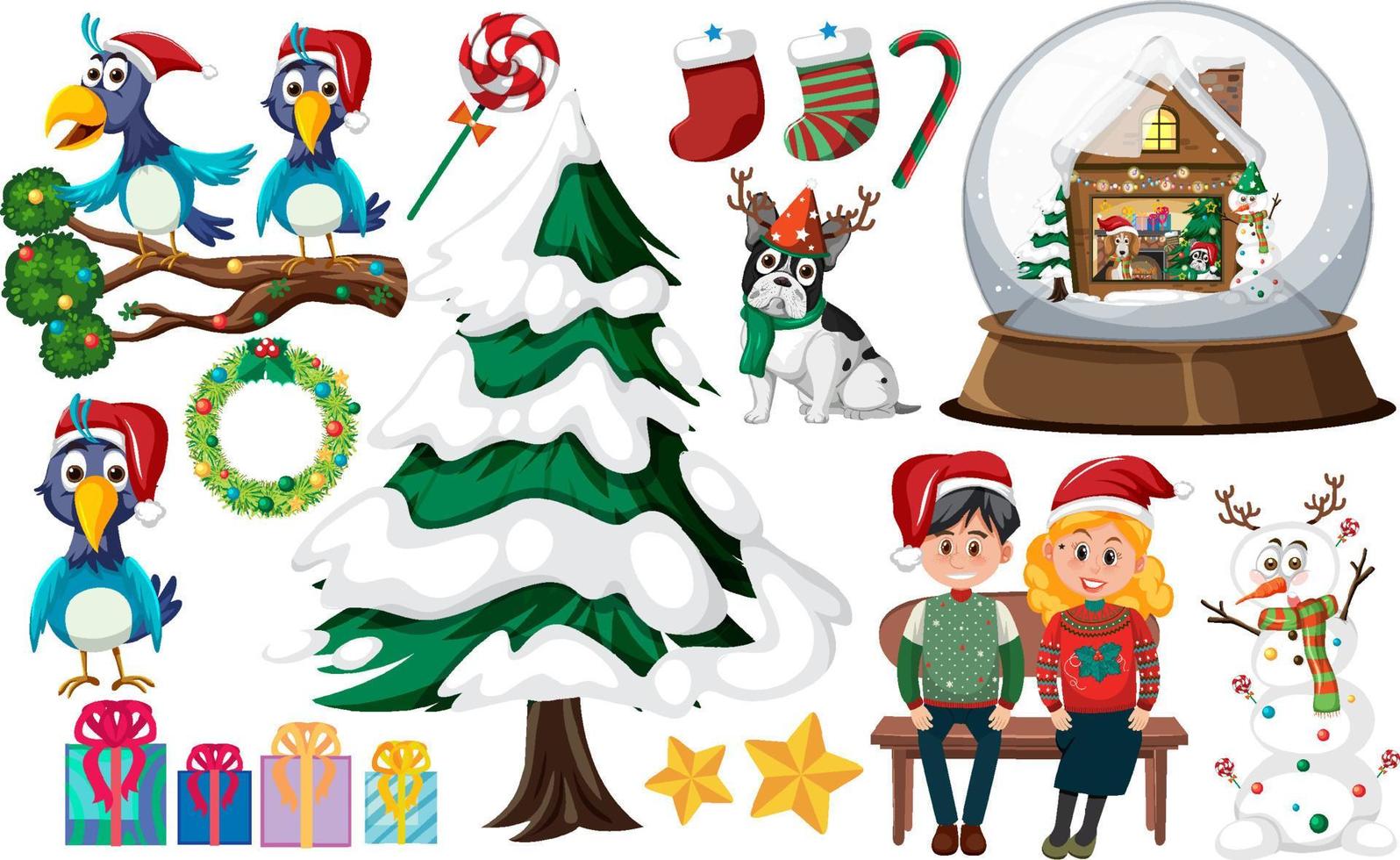 Christmas set with people and tree vector