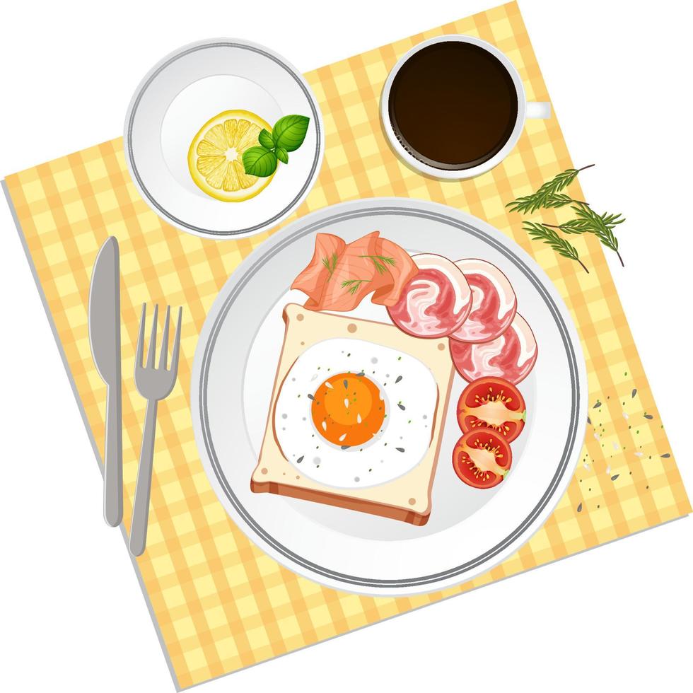 Top view food, fried egg on toast with placemat on white background vector