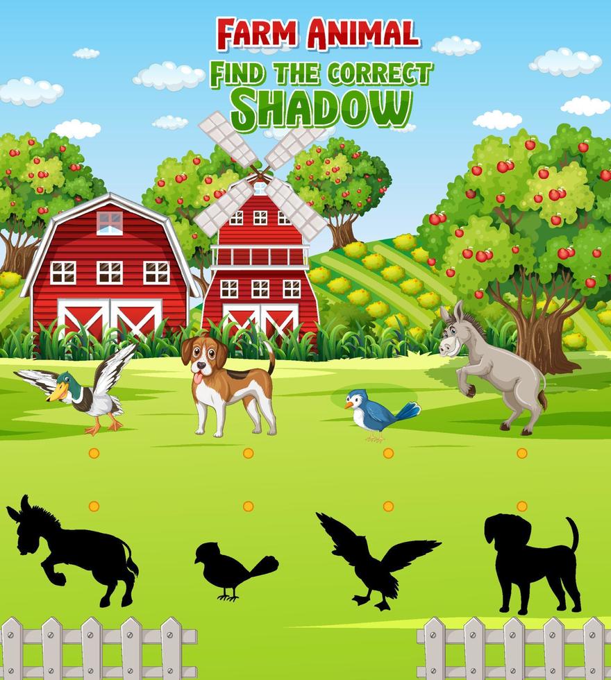 Matching Farm animal shadow worksheet vector