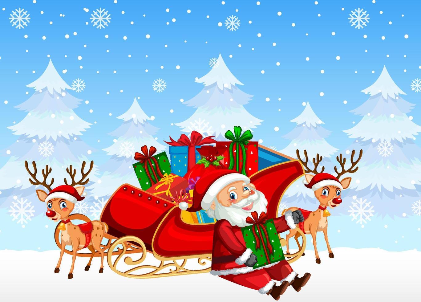 Santa Claus with reindeer sleigh on snowy blue background vector