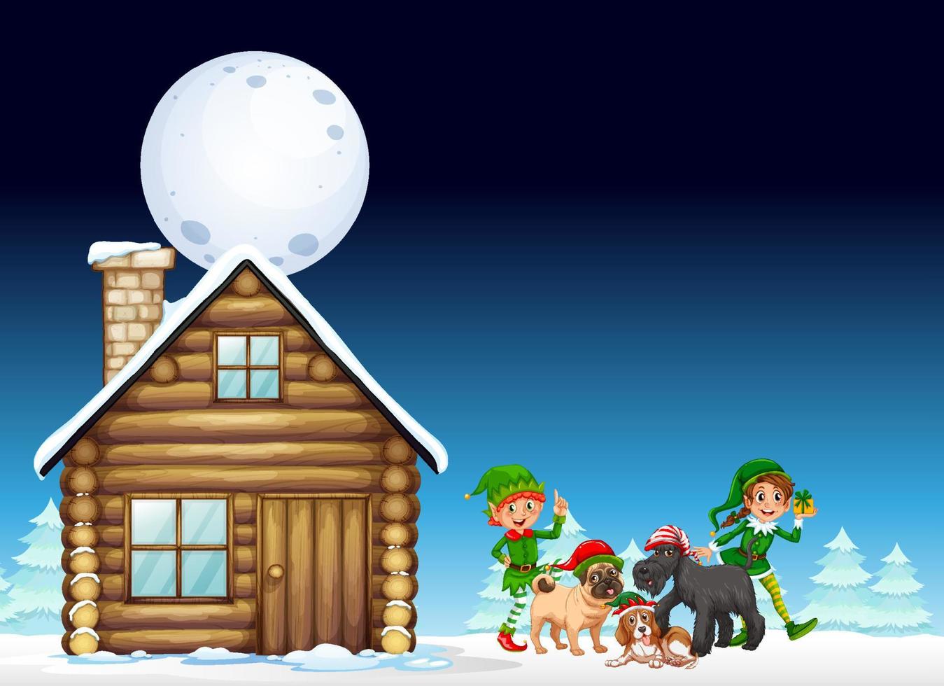 Snowy winter night with Christmas elves and dogs vector