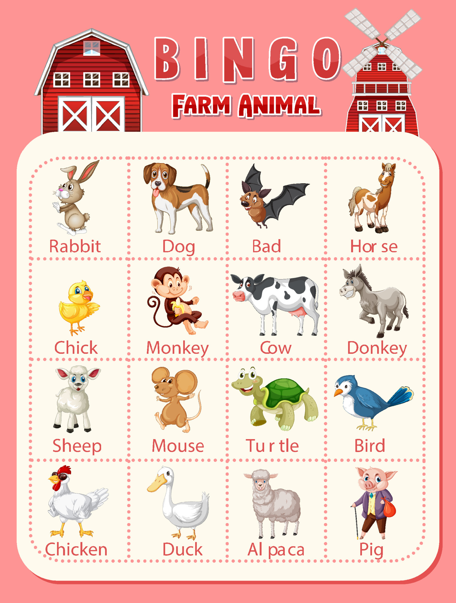 Bingo Farm animal worksheet 6199374 Vector Art at Vecteezy