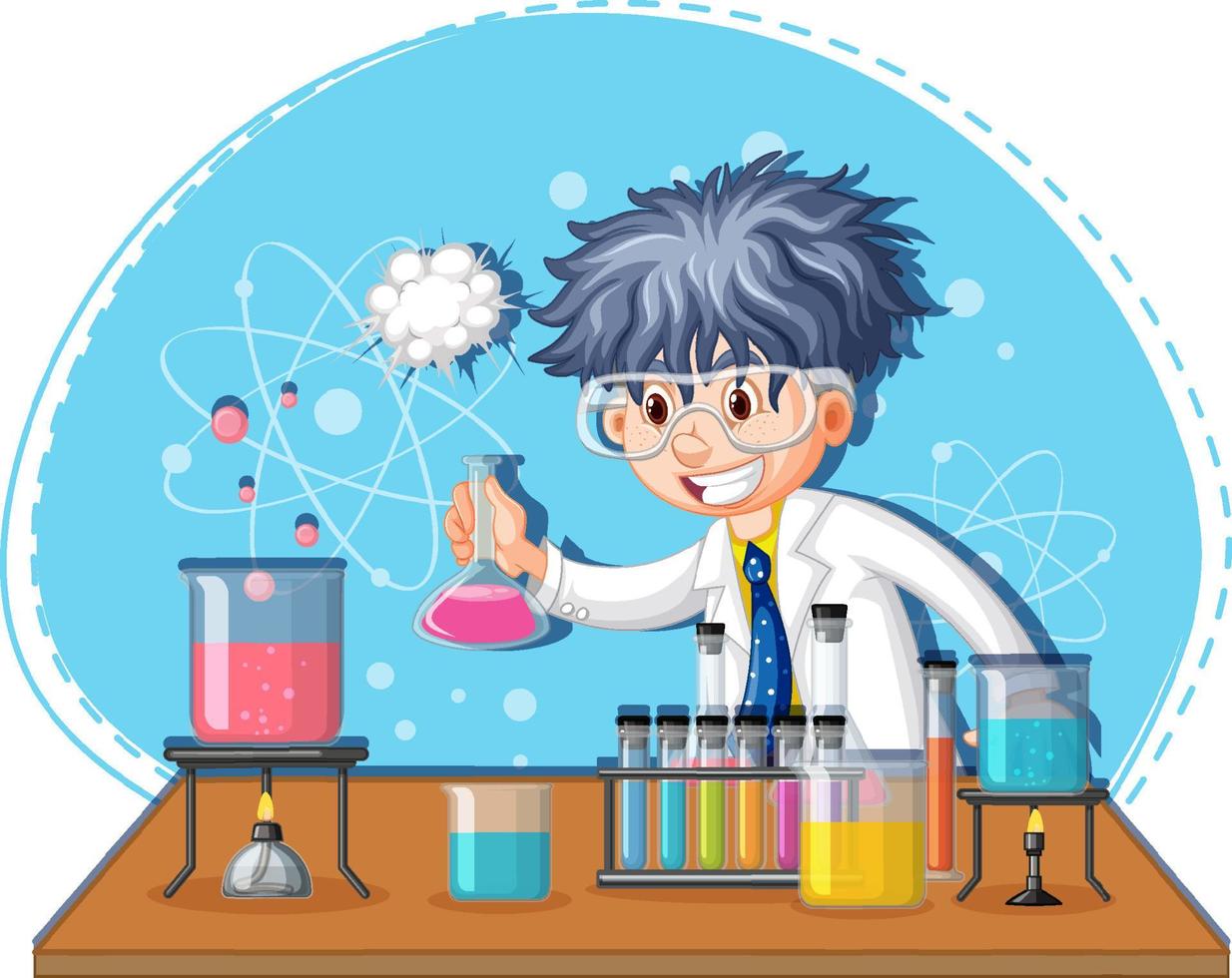 personaje de dibujos animados de niño científico con equipos de laboratorio vector