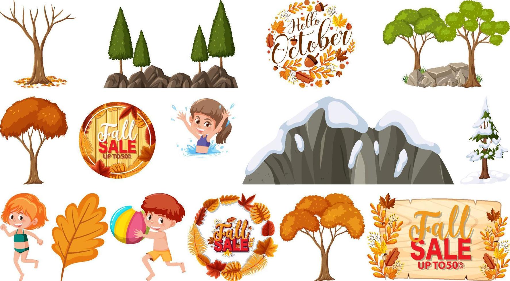 Set of four seasons trees and nature objects vector