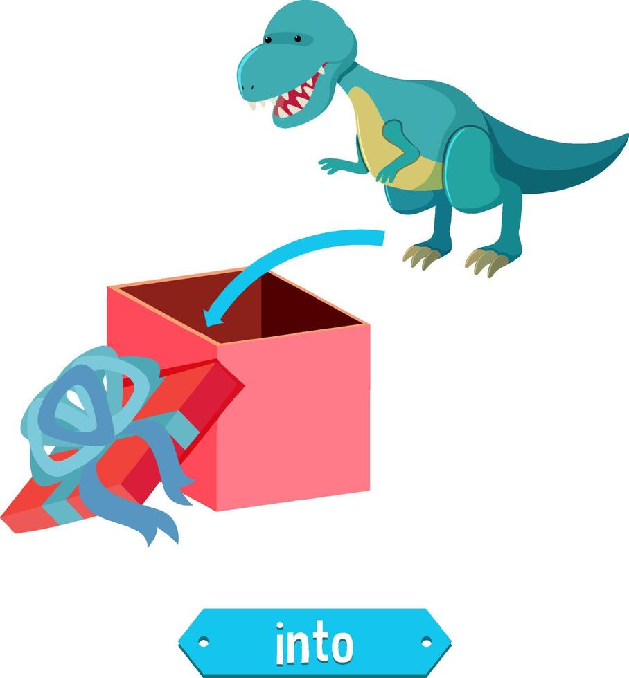 Prepostion wordcard design with dinosaur and box vector