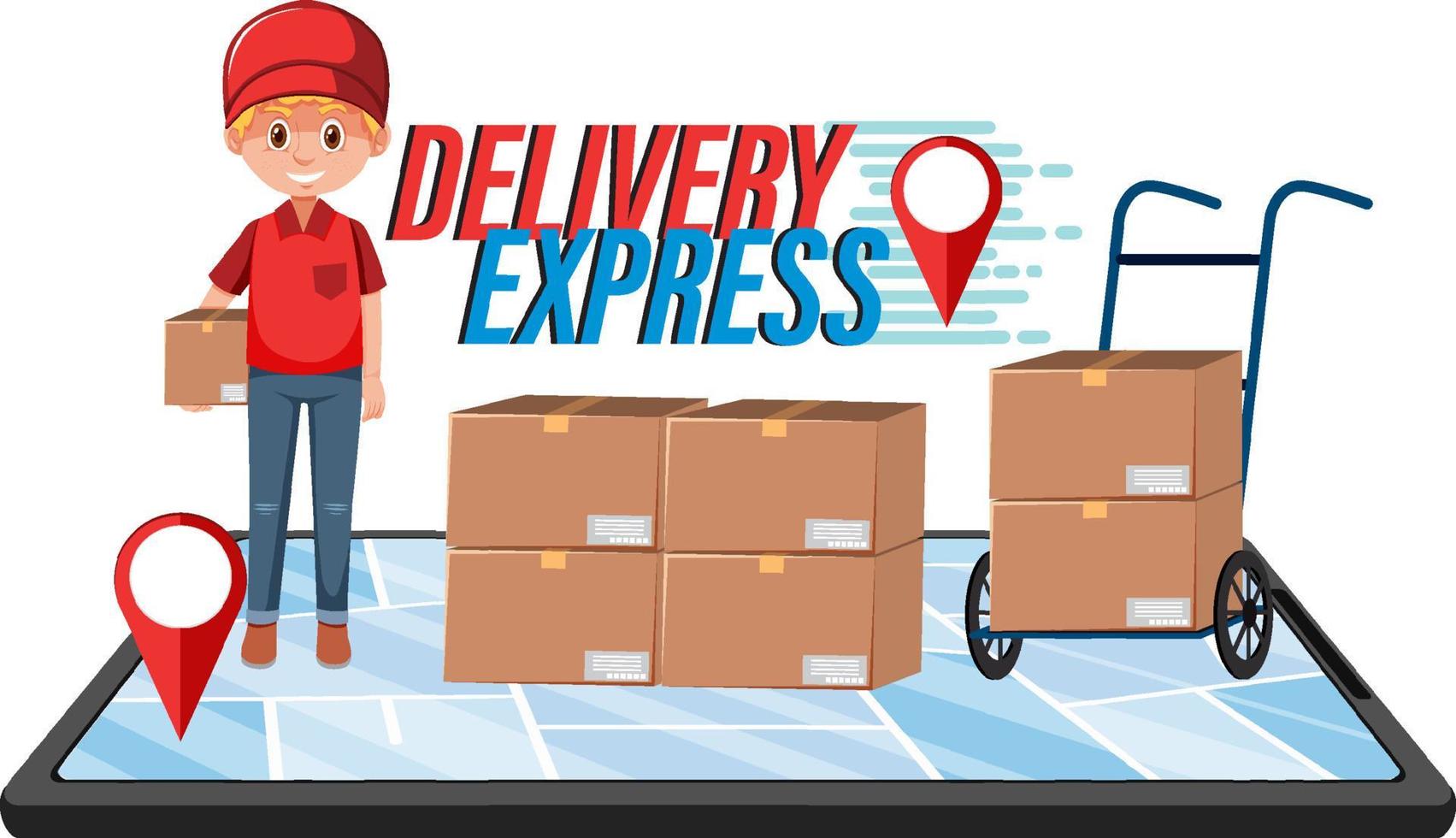 Delivery Express wordmark with courier delivering packages vector