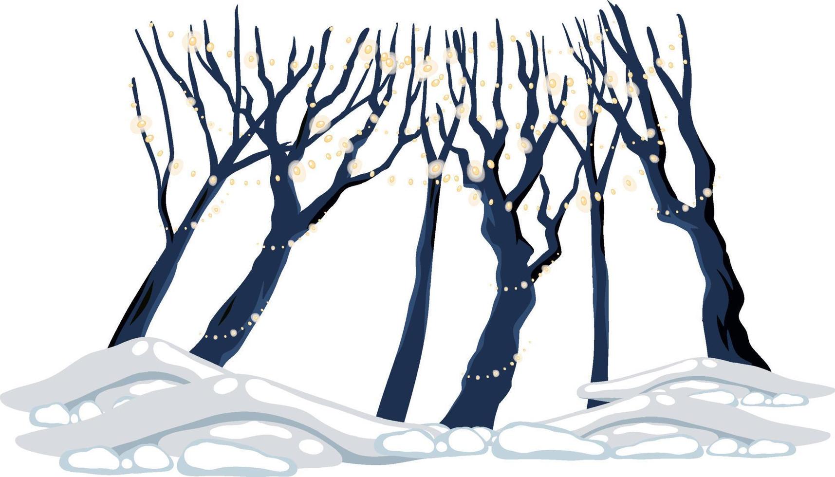 Group of leafless trees with holiday lights and snow ground vector