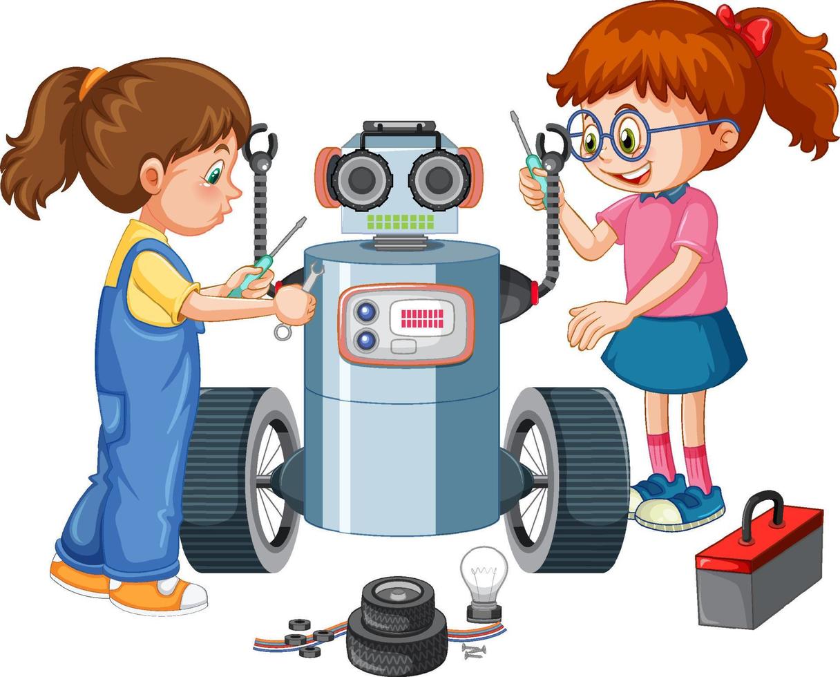 Children fixing a robot together vector