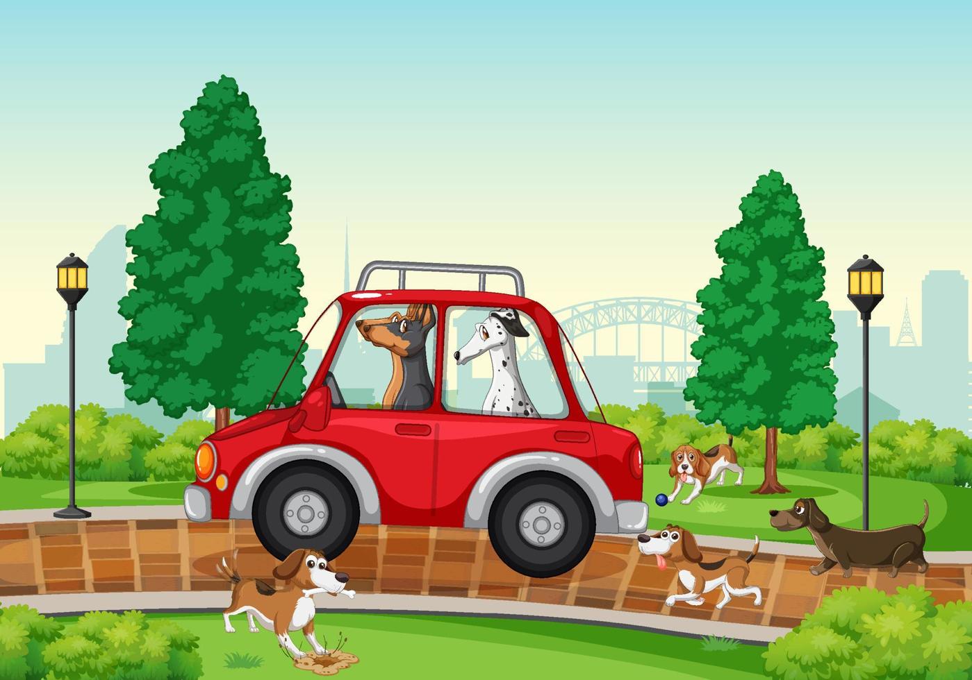Many dogs playing in the park vector