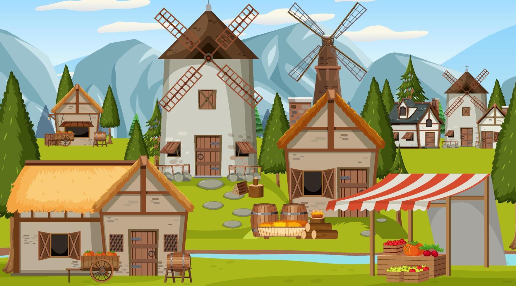 Medieval town scene with villagers and market vector