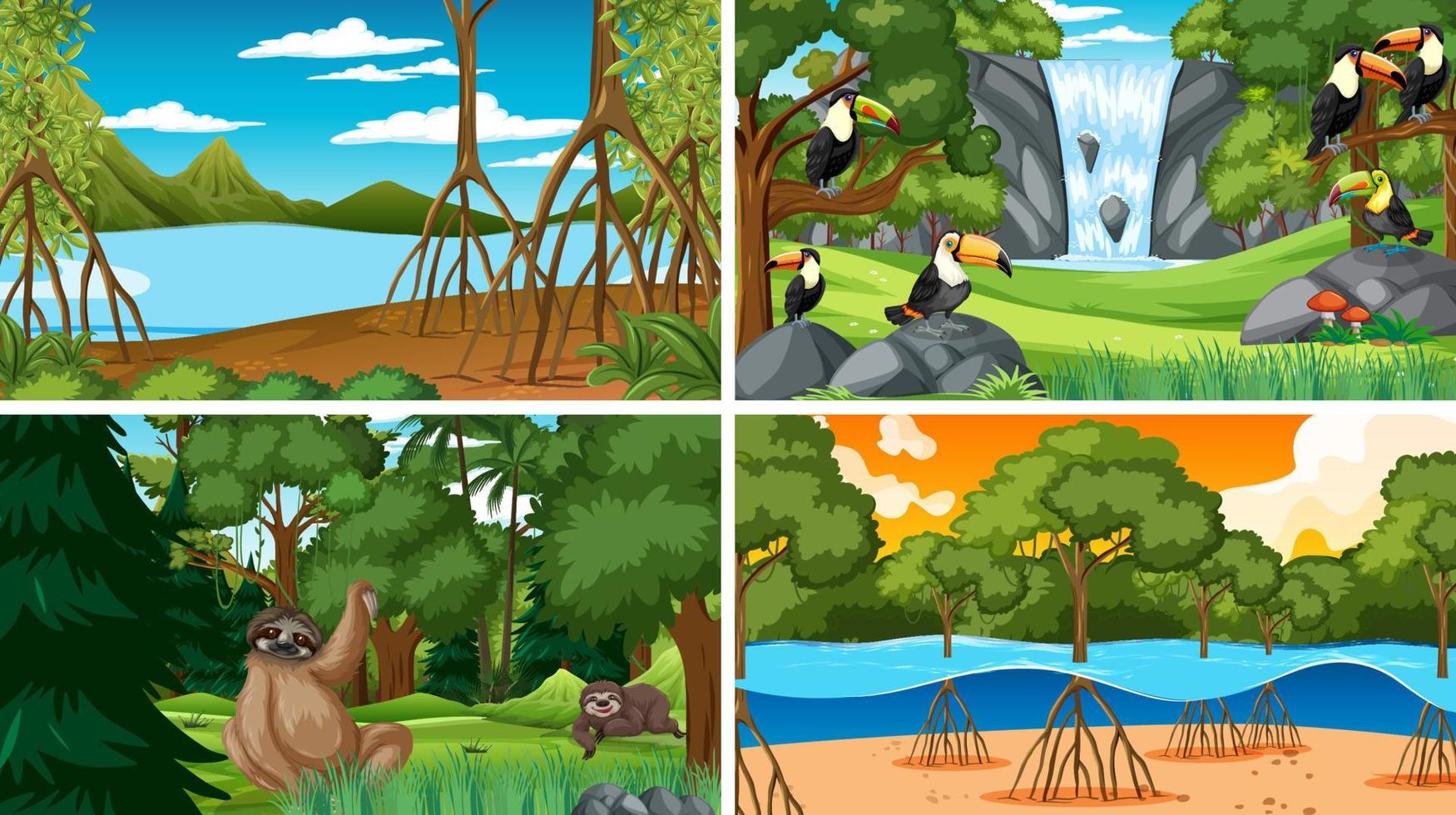 cuatro escenas con animales salvajes en el bosque vector