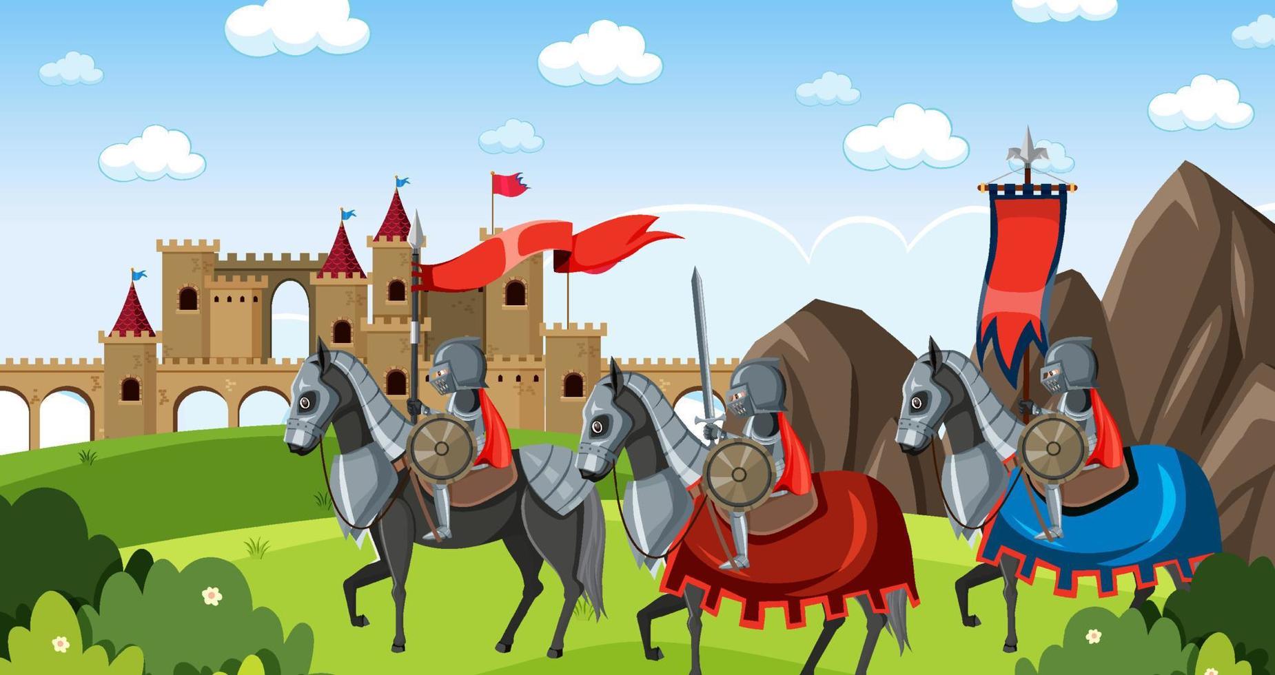 Medieval outdoor scene with knights on horseback vector