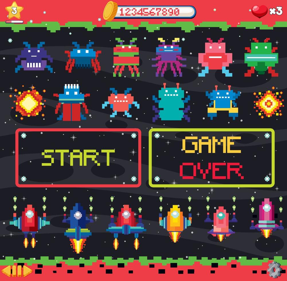 Retro pixel space game interface vector