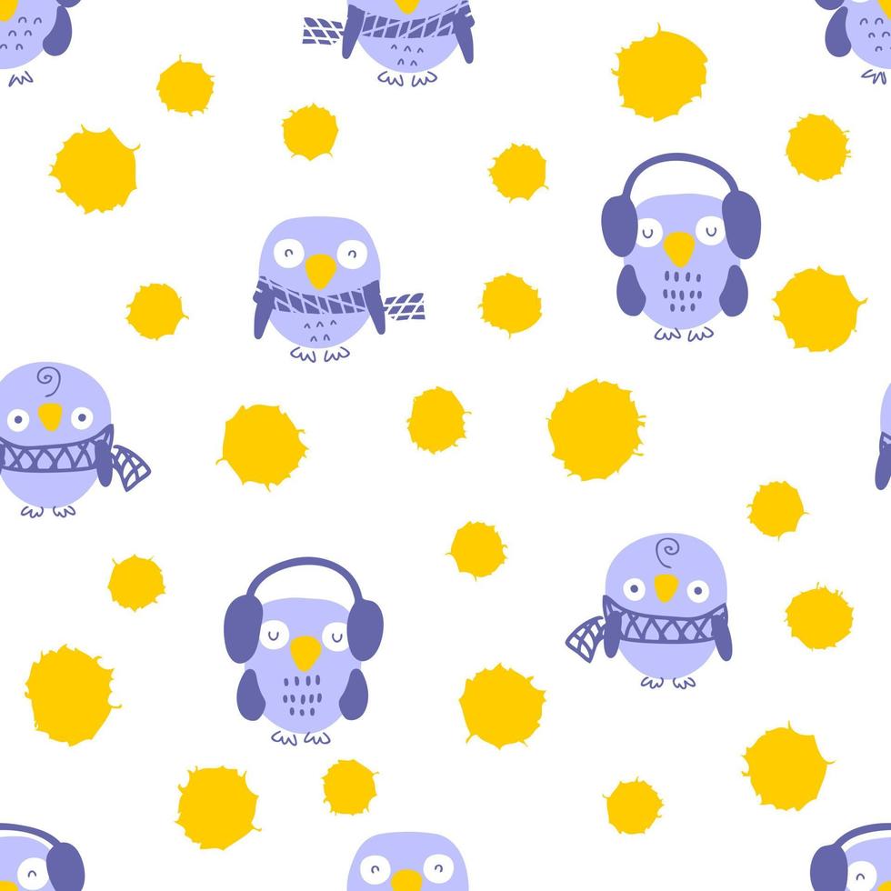 Hand drawn summer seamless pattern with owls and drops. vector