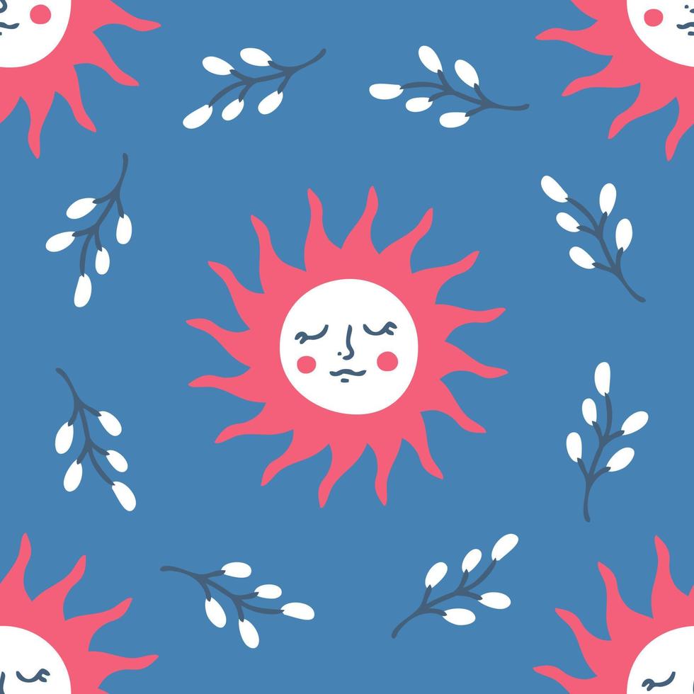 Hand drawn spring seamless pattern with sun and wreath of willow branches. vector