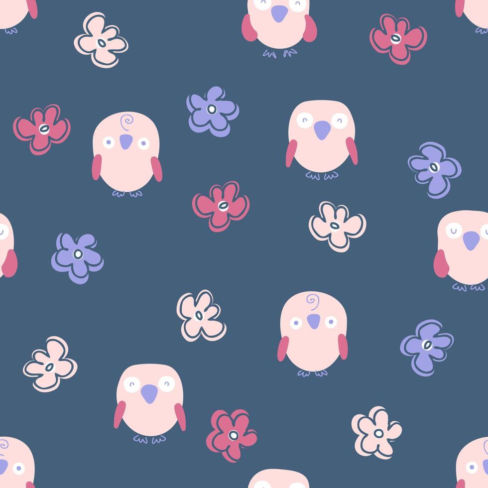 Hand drawn summer seamless pattern with owls and flowers. vector